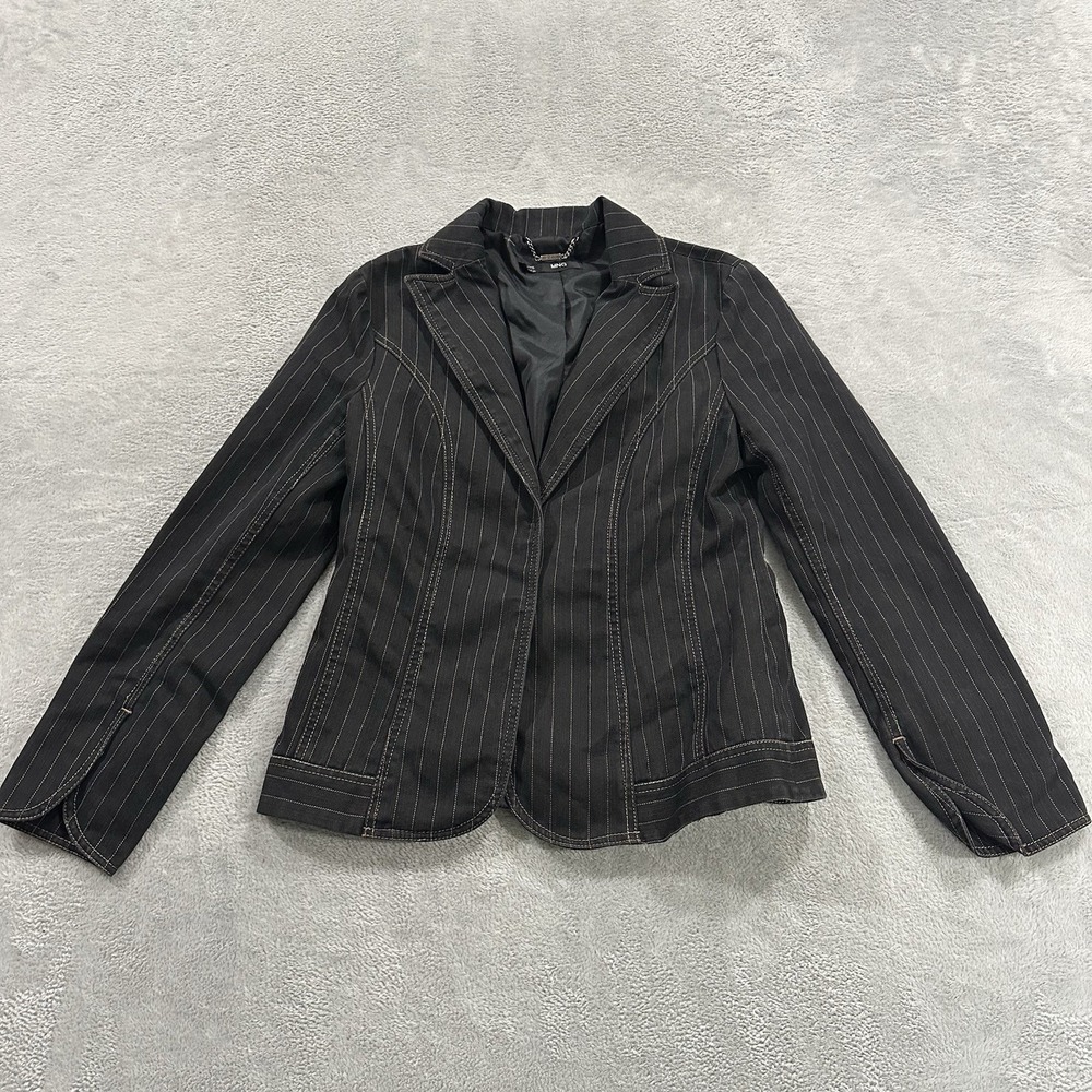 MNG Mando Denim Jacket Blazer Women 10 Black Stripe Y2K Vintage Boho 90s Busines